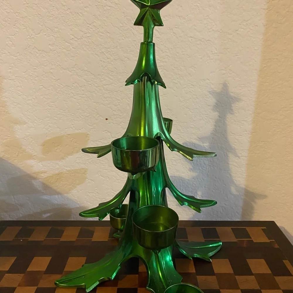 Vtg. Rare Pottery Barn 12” Green Heavy Metal Christmas Ball Candle Holder Tree
